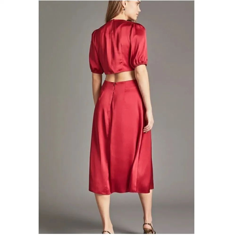 ANTHROPOLOGIE  RED SATIN CUT OUT MIDI DRESS - Picture 2 of 8